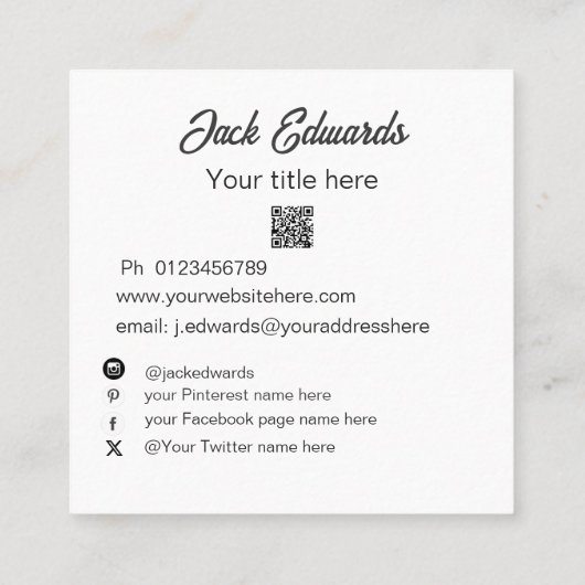 白黒シンプルフォトソーシャルメディア スクエア名刺 (裏面)