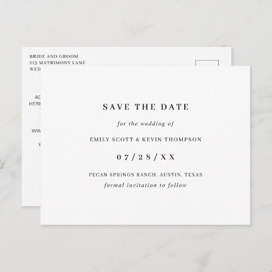 白黒シンプルミニマリスト日付の保存 案内ポストカード (正面/裏面)