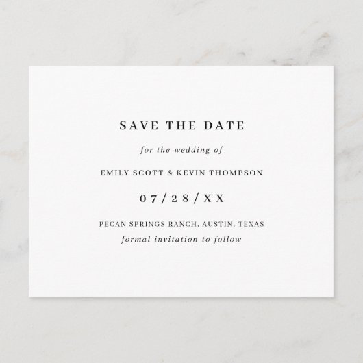 白黒シンプルミニマリスト日付の保存 案内ポストカード (正面)