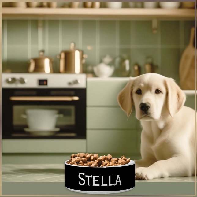 白黒シンプルモノクロ名ペット ボウル (A black and white bowl for your dog's food or water, personalized with your pet's name)