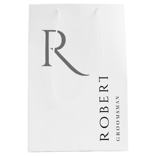 白黒シンプルモノグラムパーソナライズされたGroomsmen ミディアムペーパーバッグ (正面)