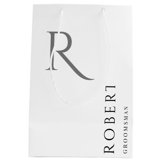 白黒シンプルモノグラムパーソナライズされたGroomsmen ミディアムペーパーバッグ (裏面)