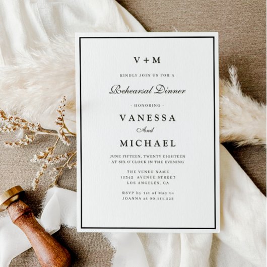 白黒シンプルリハーサルのディナー招待 招待状