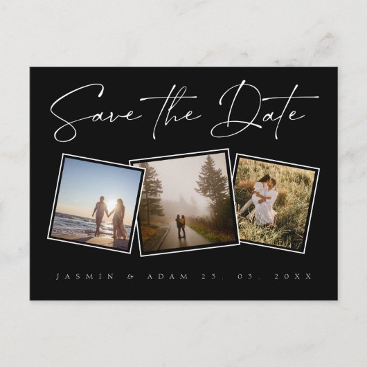 白黒シンプル写真ウェディング日付を保存 案内ポストカード (正面)