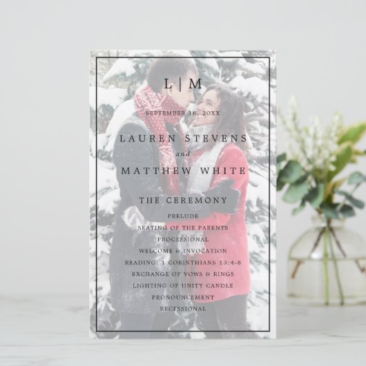 白黒シンプル写真エレガントなウェディングプログラム (スタンド正面)