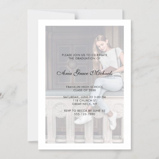 白黒シンプル写真卒業パーティー マグネット招待状 (正面)