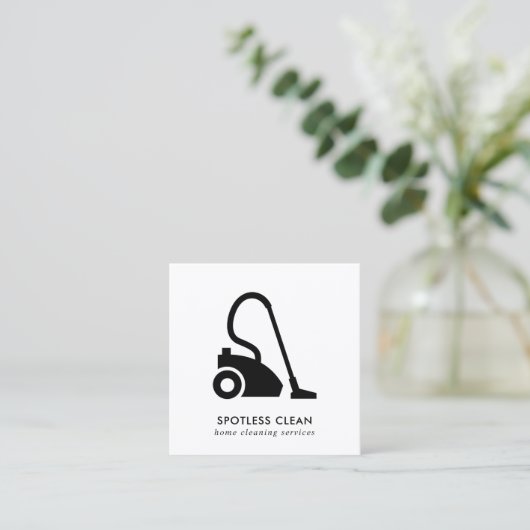 白黒シンプル掃除機クリーニングサービス スクエア名刺 (スタンド正面)