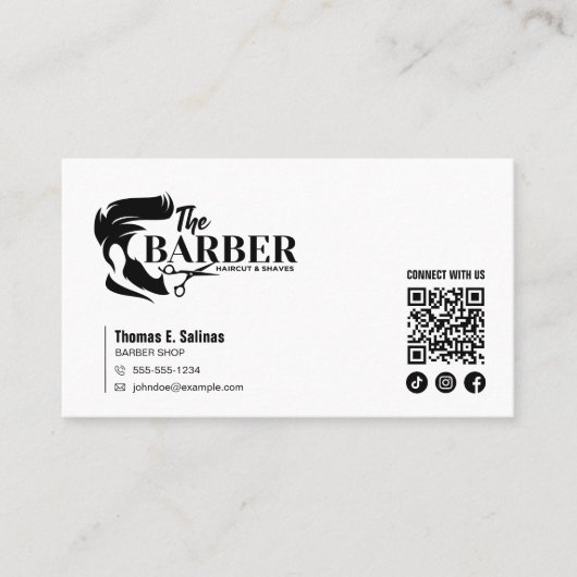 白黒シンプル理容師ショップヘアスタイリストQRコード 名刺 (正面)