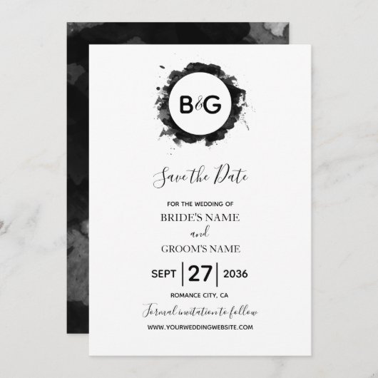 白黒シンプル結婚式の日付の保存 セーブザデート (正面/裏面)