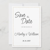 白黒シンプル金ゴールドの破線の日付を保存 招待状 (正面)