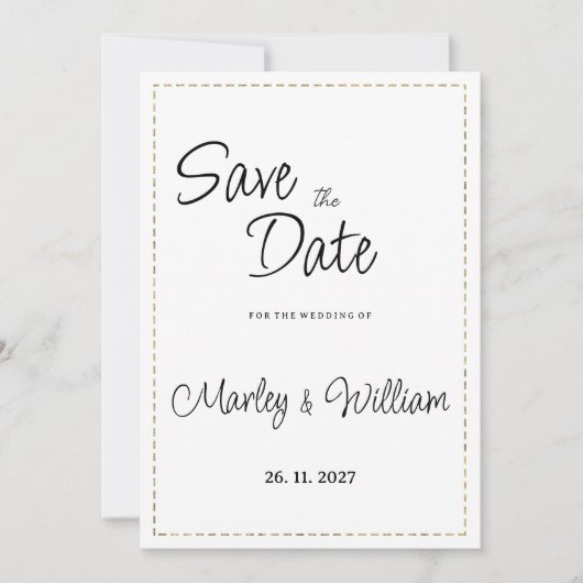 白黒シンプル金ゴールドの破線の日付を保存 招待状 (正面)