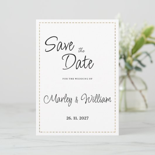 白黒シンプル金ゴールドの破線の日付を保存 招待状 (スタンド正面)