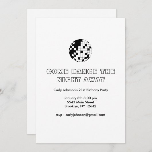 白黒シンプルY2Kディスコ21歳の誕生日パーティー 招待状 (正面/裏面)