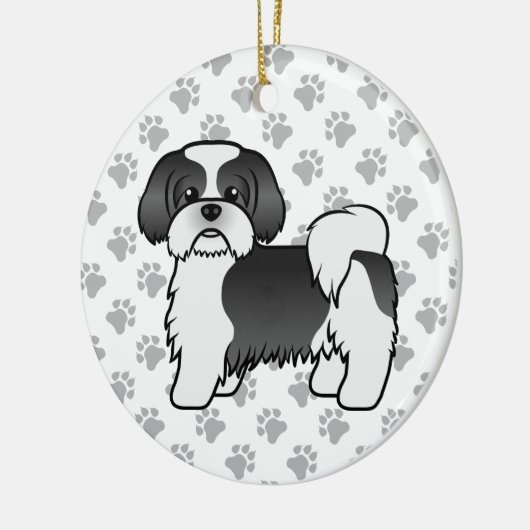 白黒シーズー(犬)かわいい漫画の犬 セラミックオーナメント (左)