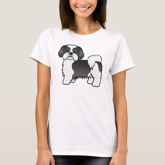 白黒シーズー(犬)かわいい漫画の犬 Tシャツ (正面)