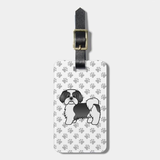 白黒シーズー（犬）Tzuマンガードッグ&カスタム文字 ラゲッジタグ (正面縦)