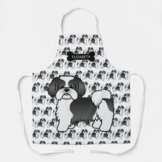 白黒シーズー（犬）Tzu漫画の犬と名前 エプロン (正面)