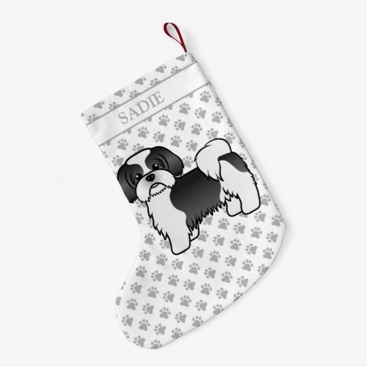 白黒シーズー（犬）Tzu漫画の犬と名前 スモールクリスマスストッキング (裏面 (吊り時))