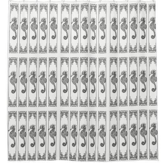 白黒シーホース – グラフィックイラストレーション シャワーカーテン (正面)