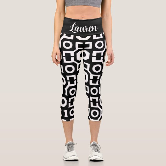 白黒ジオメトリ高ウェイストキャプリス カプリレギンス (正面)