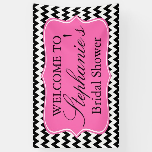 白黒ジグザグとホットピンクブライダルシャワー 横断幕 (縦)