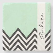 白黒ジグザグパターン、緑、お名前 ストーンコースター (正面)