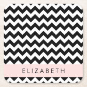 白黒ジグザグ、山形パターン、お名前 スクエアペーパーコースター (正面)