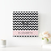 白黒ジグザグ、山形パターン、お名前 スクエア壁時計 (ホーム)