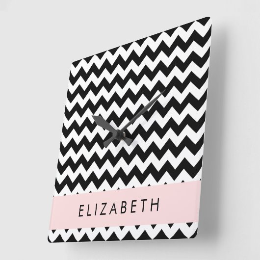 白黒ジグザグ、山形パターン、お名前 スクエア壁時計 (傾斜)