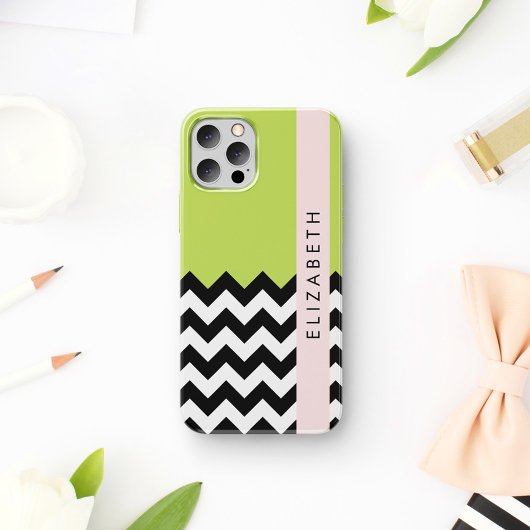 白黒ジグザグ,山形,緑,お名前 Case-Mate iPhoneケース