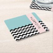 白黒ジグザグ,山形,青,お名前 スクエアペーパーコースター (アングル)