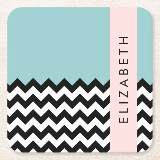 白黒ジグザグ,山形,青,お名前 スクエアペーパーコースター (正面)