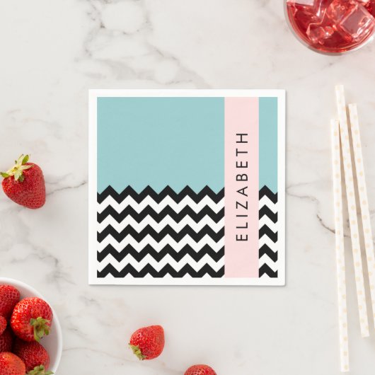 白黒ジグザグ,山形,青,お名前 スタンダードカクテルナプキン (インサイチュ)