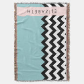 白黒ジグザグ，山形，青，お名前 スローブランケット (正面縦)