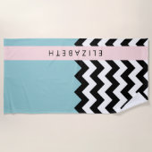 白黒ジグザグ,山形,青,お名前 ビーチタオル (正面)