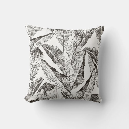 白黒ジャングル：熱帯植物パターン クッション (正面)