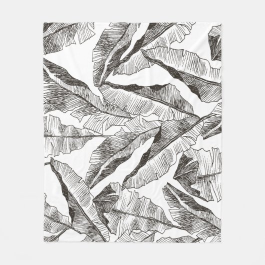 白黒ジャングル：熱帯植物パターン フリースブランケット (正面)