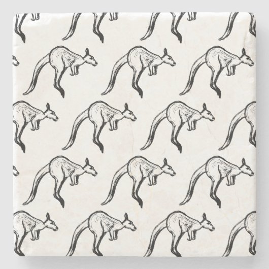 白黒ジャンピングカンガルースケッチ ストーンコースター (正面)