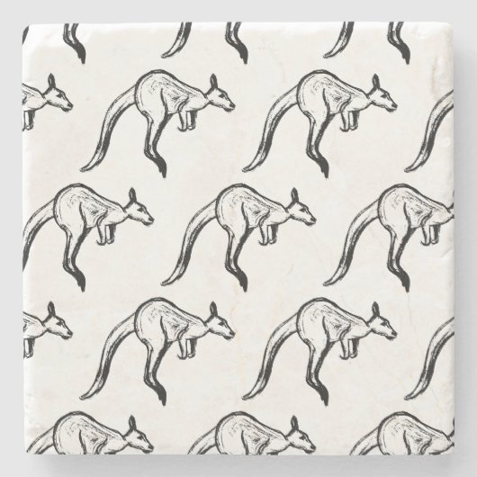 白黒ジャンピングカンガルースケッチ ストーンコースター (正面)