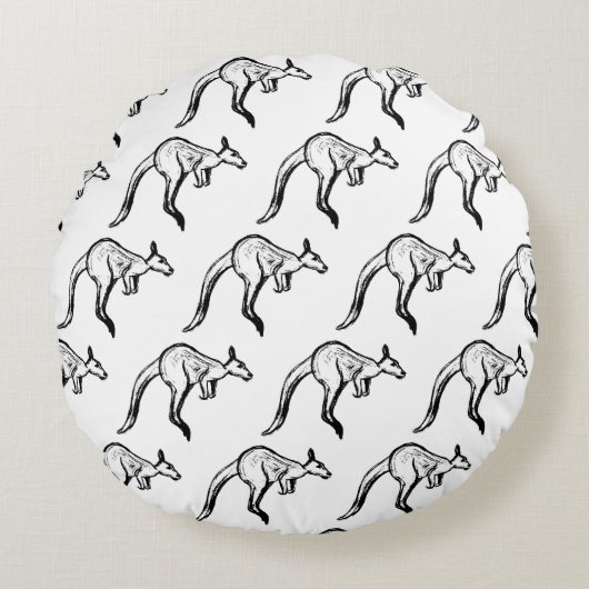 白黒ジャンピングカンガルースケッチ ラウンドクッション (正面)