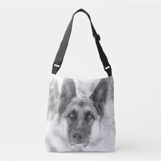 白黒ジャーマン・シェパードのタイポグラフィのトート クロスボディバッグ (正面)