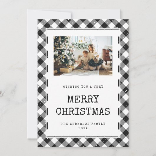 白黒ジンガム雪の写真メリークリスマス シーズンカード (正面)