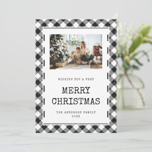 白黒ジンガム雪の写真メリークリスマス シーズンカード (スタンド正面)