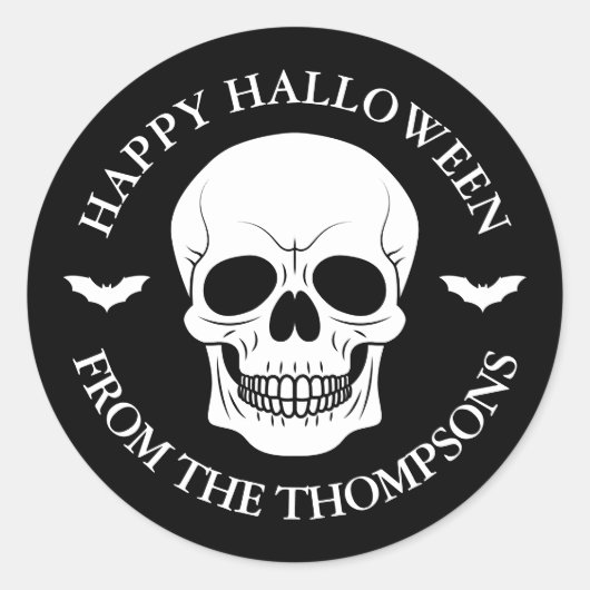 白黒スカルと文字ハロウィーン付きこうもり ラウンドシール (正面)