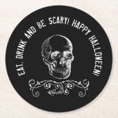白黒スカルパーソナライズされたハローウィンパーティ ラウンドペーパーコースター (正面)