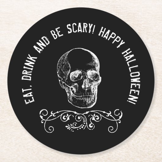 白黒スカルパーソナライズされたハローウィンパーティ ラウンドペーパーコースター (正面)