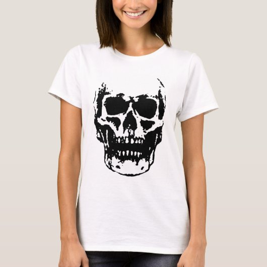 白黒スカルポップ・アートのアートワーク Tシャツ (正面)