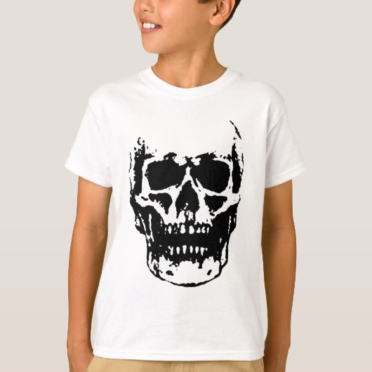 白黒スカルポップ・アートのアートワーク Tシャツ (正面)