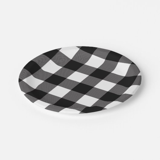 白黒スクウェア市松模様にバッファロープレイド ペーパープレート (アングル)