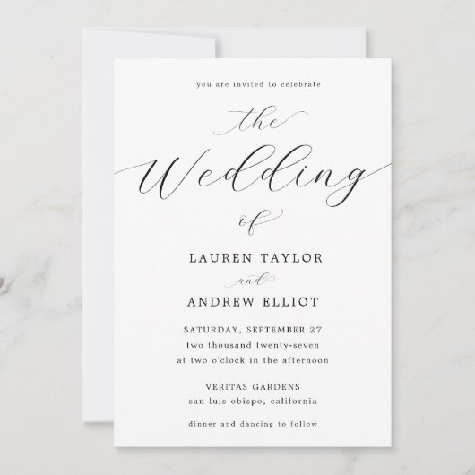 白黒スクリプエレガントトモダン結婚の 招待状 (正面)